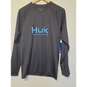 Huk Pursuit Long Sleeve Performance Fishing Shirt Small Black Blue Logo UPF 50+